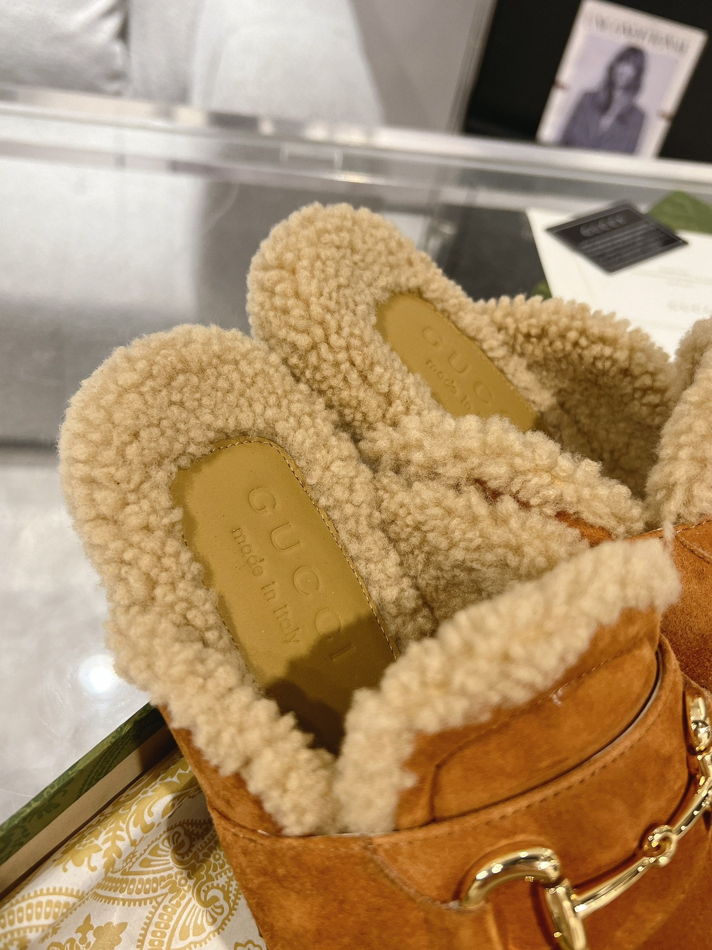 HORSEBIT MULE IN BRONZE ORANGE SUEDE AND FLEECE LINING