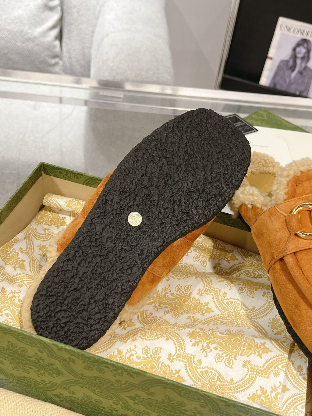 HORSEBIT MULE IN BRONZE ORANGE SUEDE AND FLEECE LINING