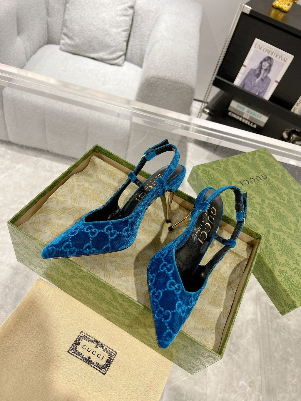 GG SLINGBACK HIGH HEEL PUMP AZURE VELVET