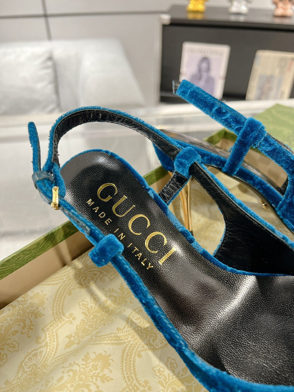 GG SLINGBACK HIGH HEEL PUMP AZURE VELVET