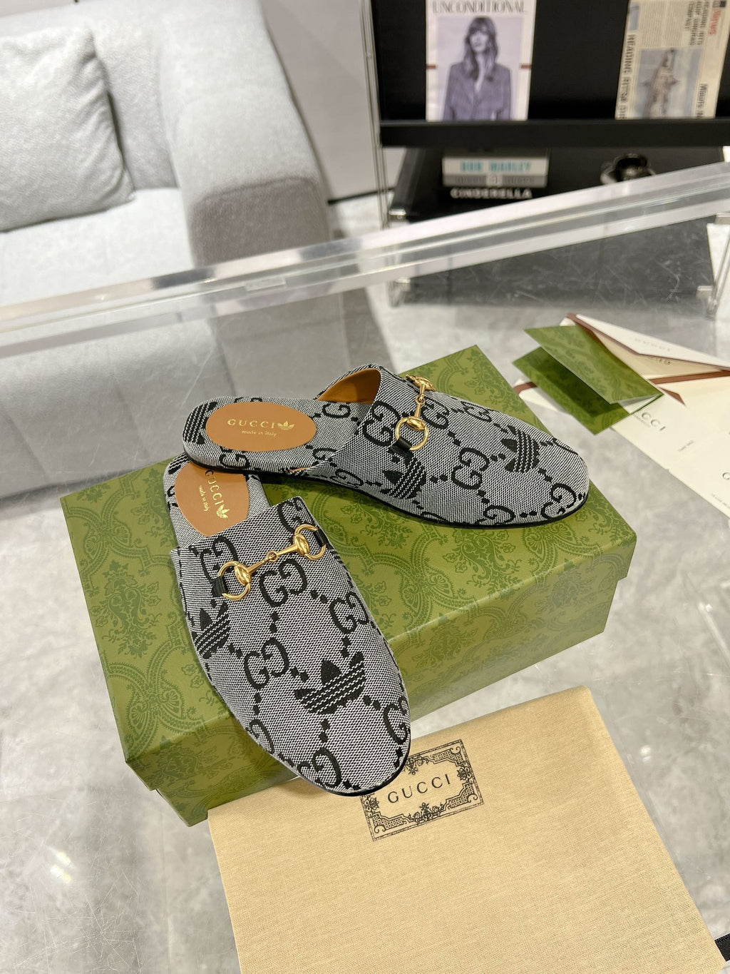 GG & ADIDAS MULE HORSEBIT BUCKLE LIGHT GRAY CANVAS