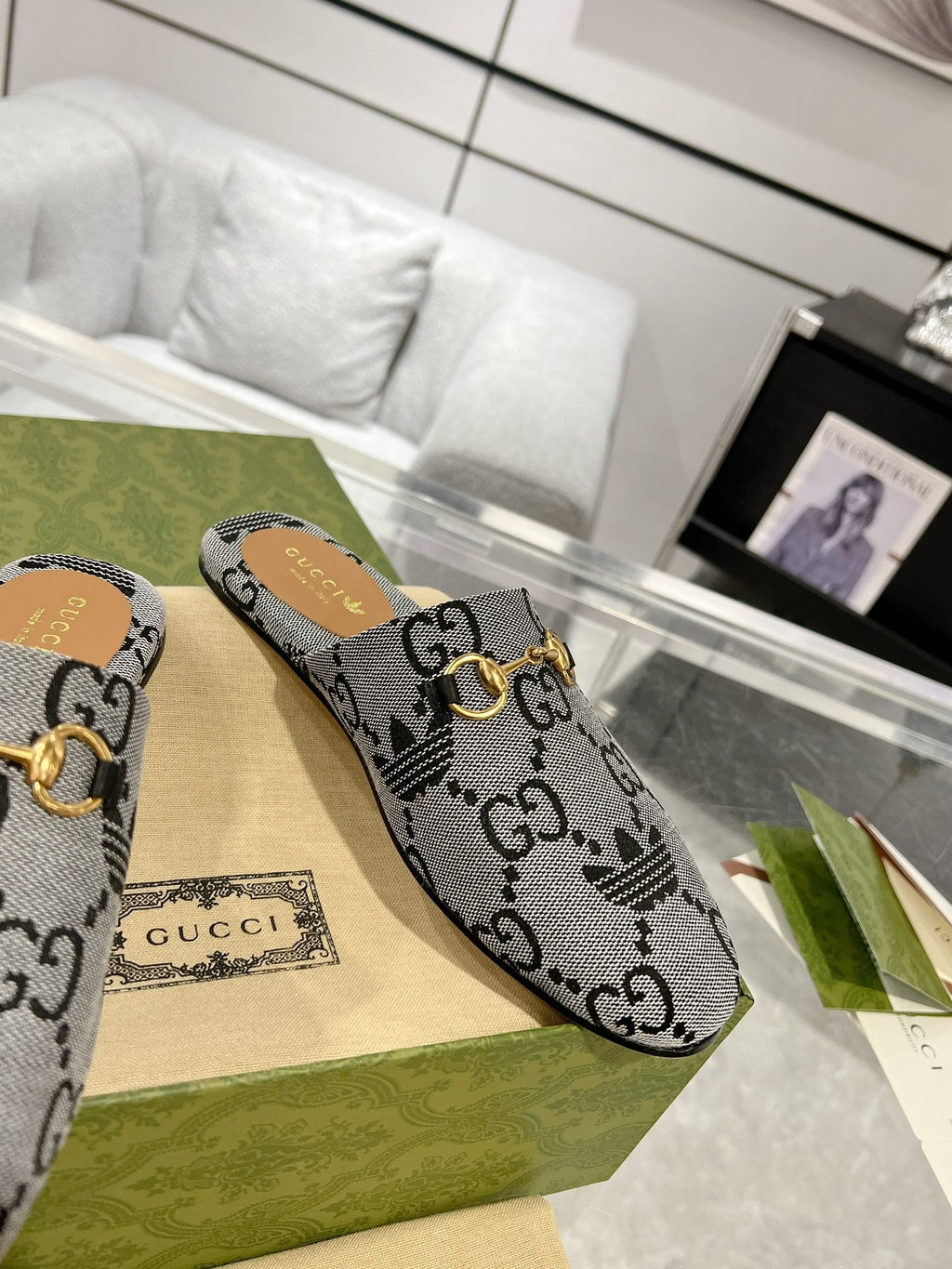 GG & ADIDAS MULE HORSEBIT BUCKLE LIGHT GRAY CANVAS