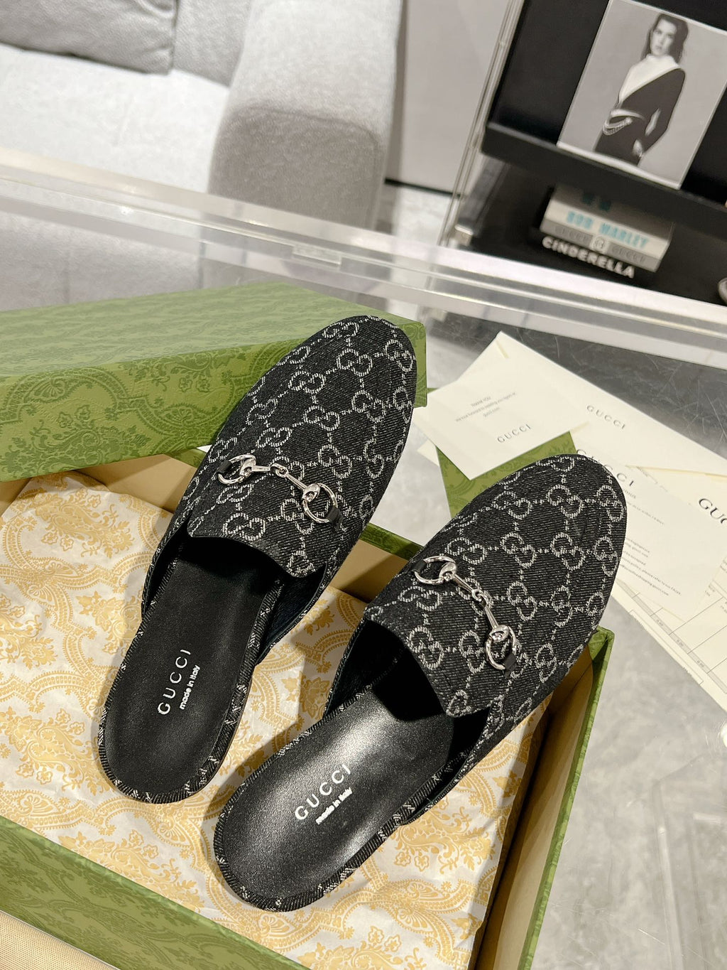 MEN'S MULE WITH HORSEBIT IN BLACK MONOGRAM JACQUARD FABRIC