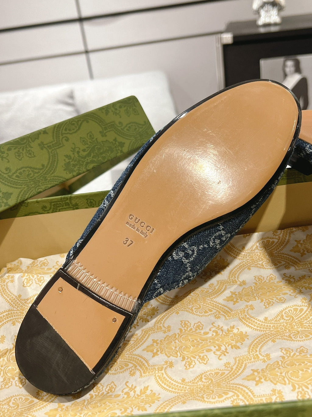 MEN'S MULE WITH HORSEBIT IN DENIM BLUE MONOGRAM JACQUARD FABRIC