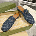 MEN'S MULE WITH HORSEBIT IN DENIM BLUE MONOGRAM JACQUARD FABRIC