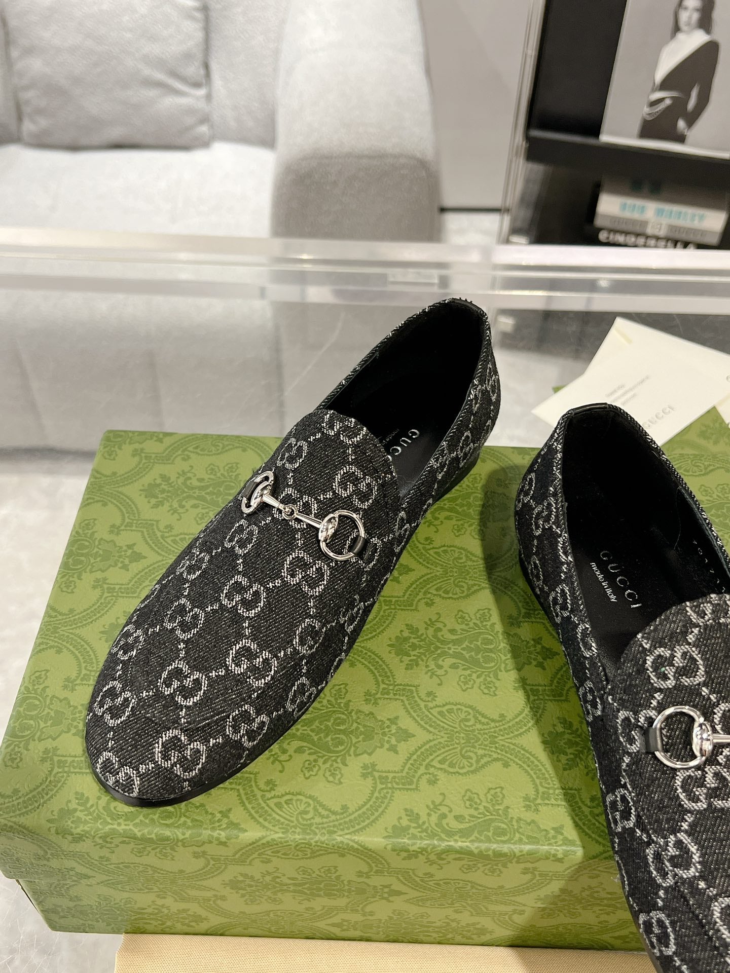 MEN'S LOAFER WITH HORSEBIT IN BLACK MONOGRAM JACQUARD FABRIC