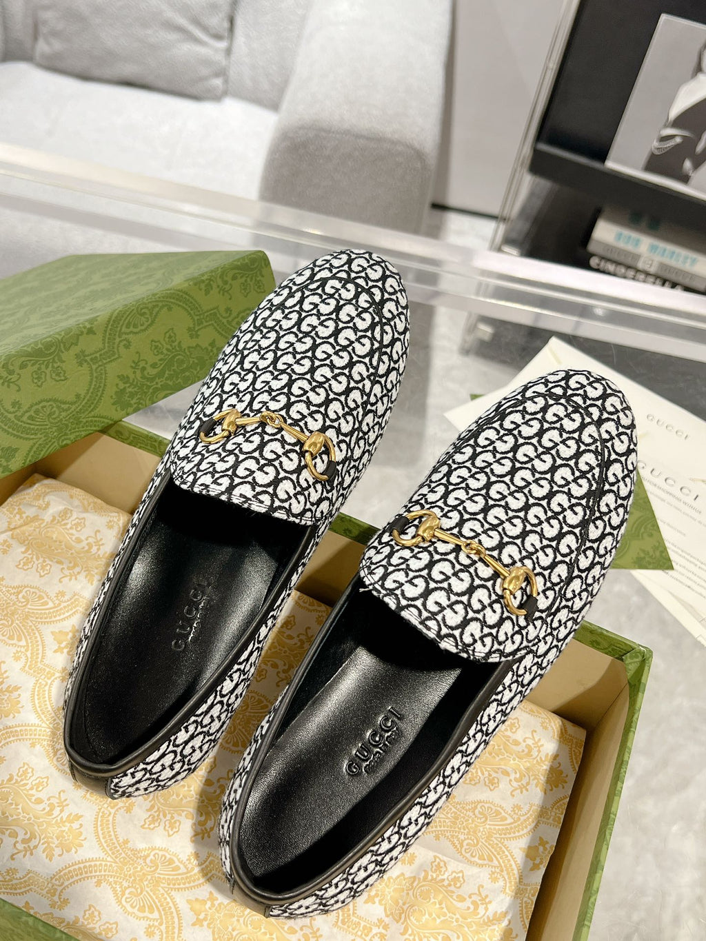 MEN'S LOAFER WITH HORSEBIT IN BLACK MIX WHITE MONOGRAM JACQUARD FABRIC