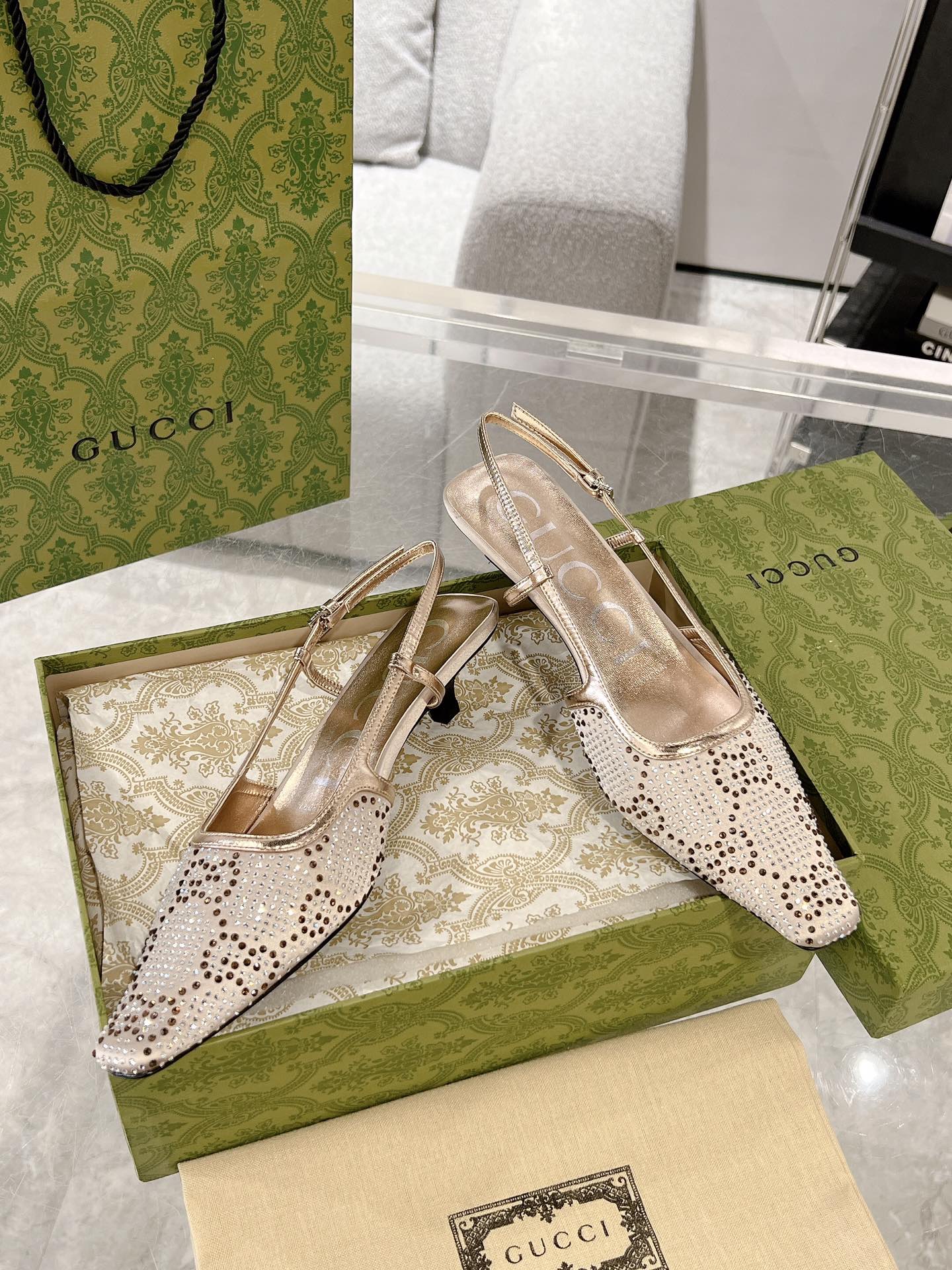 GG CRYSTALS SLINGBACK PUMP CREAM FABRIC