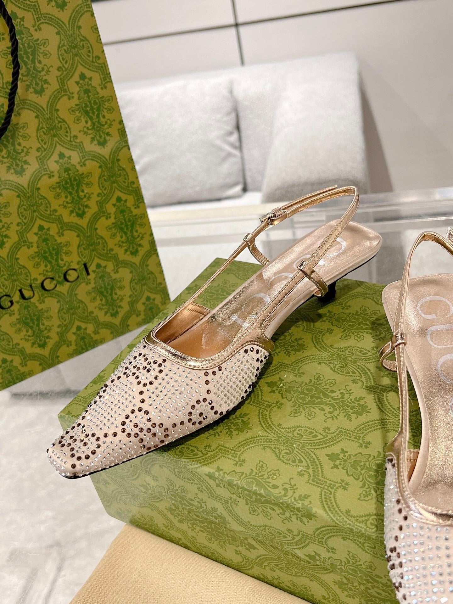 GG CRYSTALS SLINGBACK PUMP CREAM FABRIC