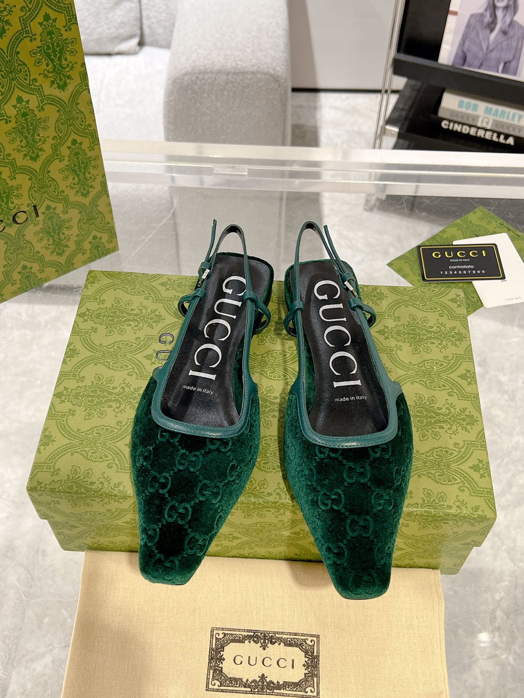 SLINGBACK FLATS IN GREEN FOREST VELVET