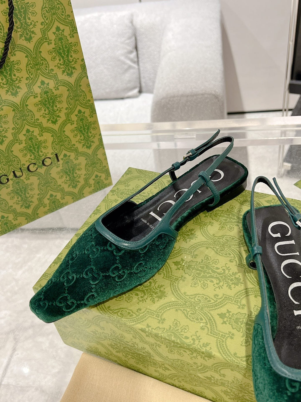 SLINGBACK FLATS IN GREEN FOREST VELVET