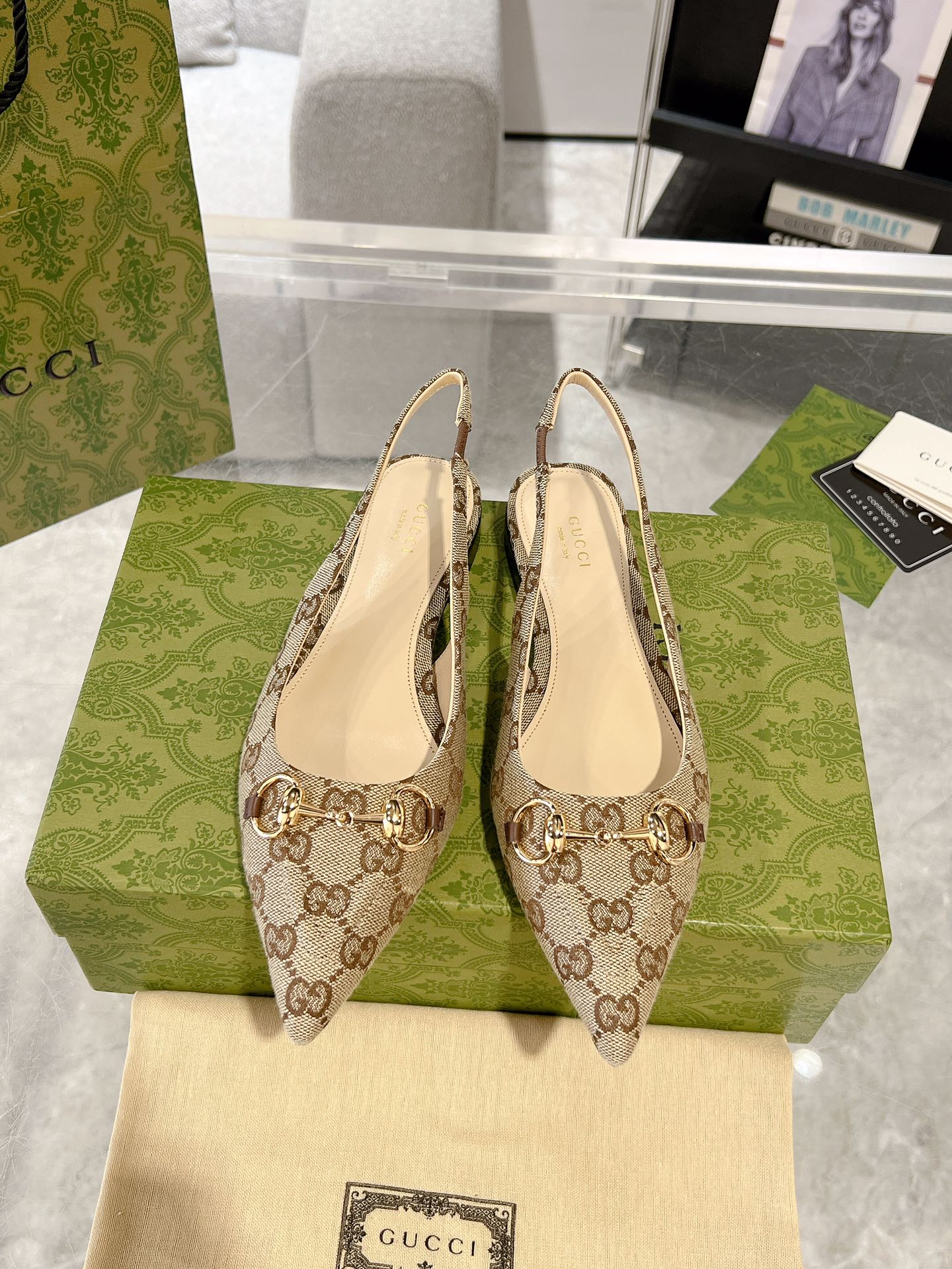 GG HORSEBIT SLINGBACK BALLET FLAT TAN BEIGE CANVAS