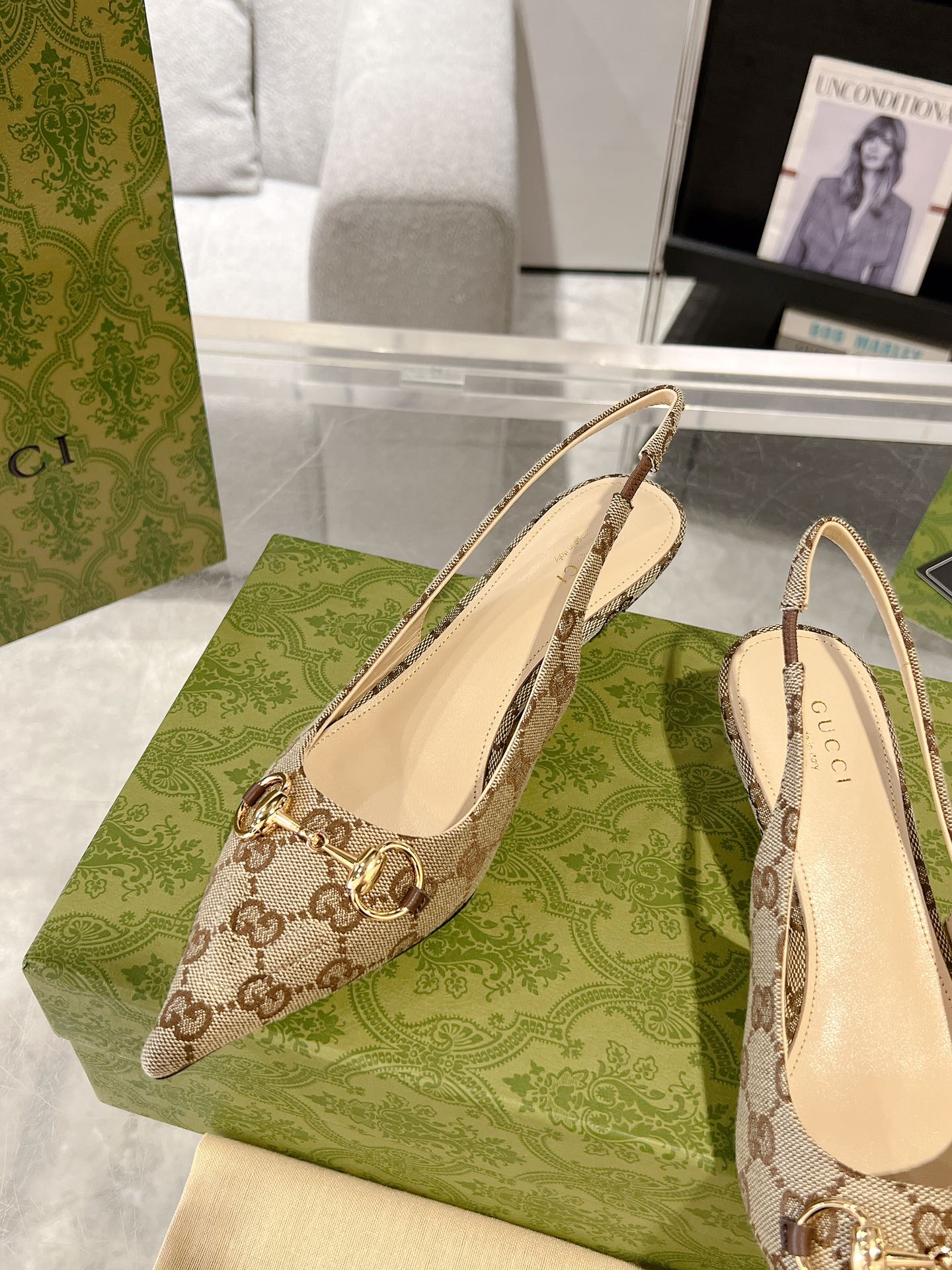 GG MID-HEELED SLINGBACK 4.5 CM IN TAN BEIGE CANVAS