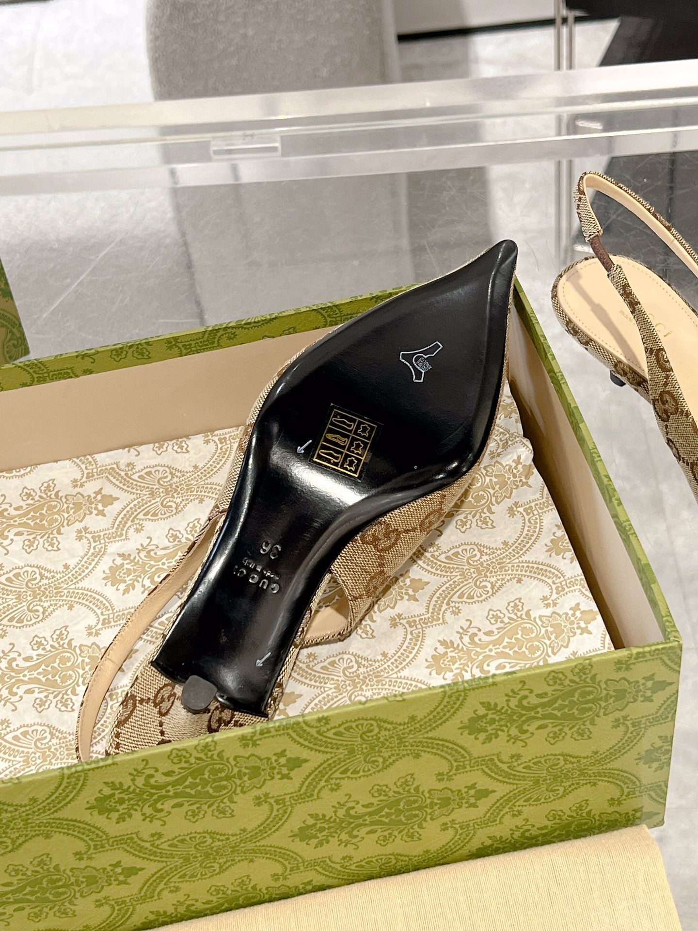 GG MID-HEELED SLINGBACK 4.5 CM IN TAN BEIGE CANVAS