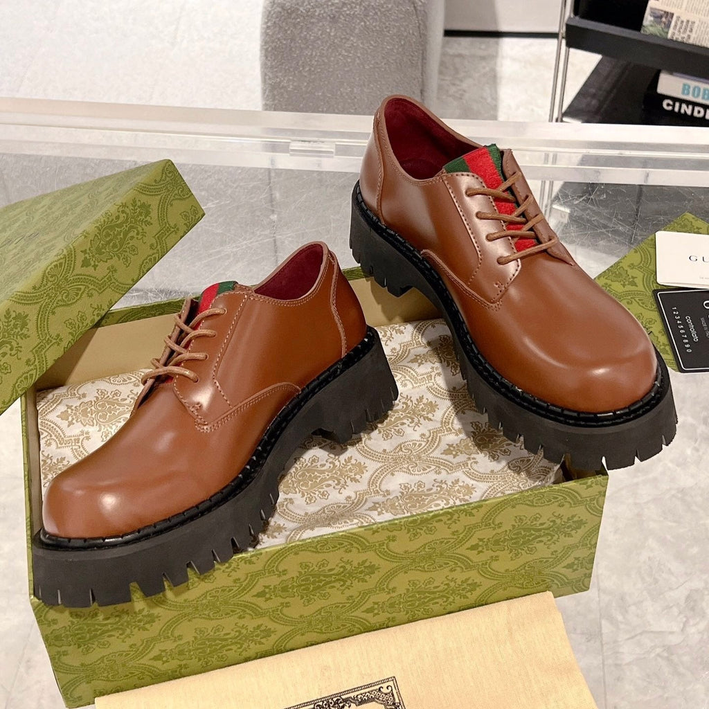 GG LACE-UP LOAFER WITH WEB IN CARAMEL BROWN SHINY LEATHER