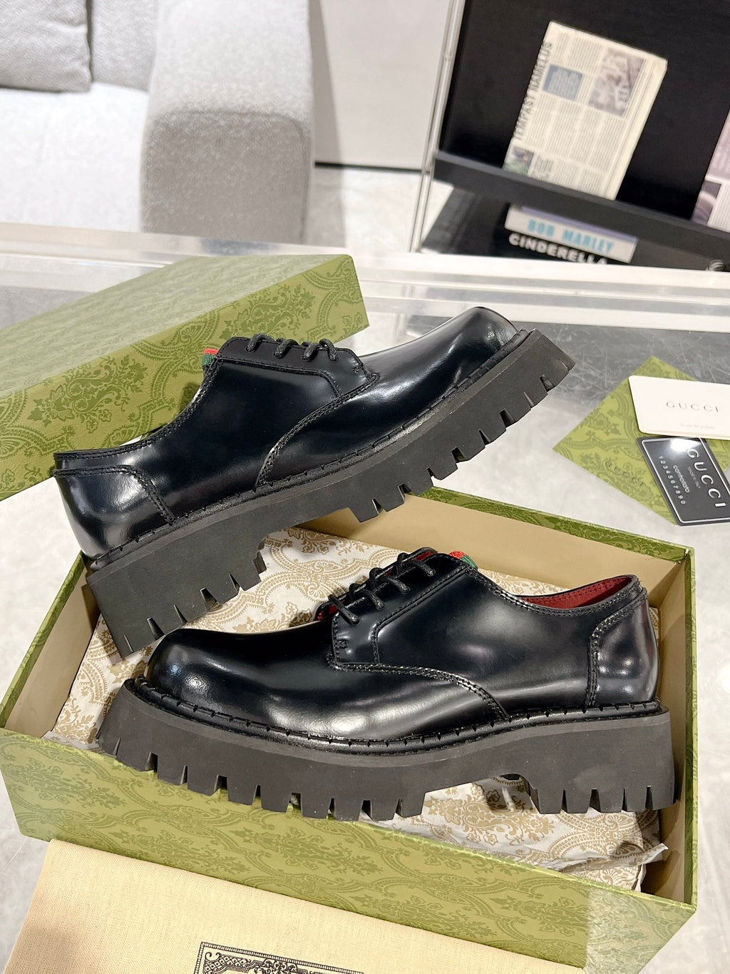 GG LACE-UP LOAFER WITH WEB IN BLACK SHINY LEATHER