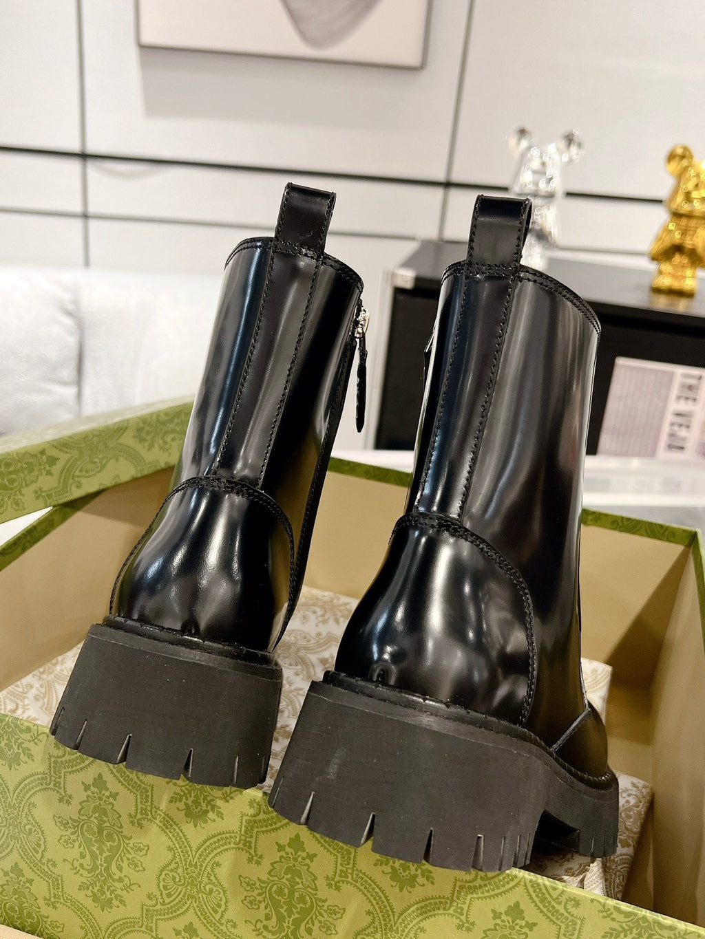 GG WEB ANKLE BOOTS IN BLACK CALFSKIN