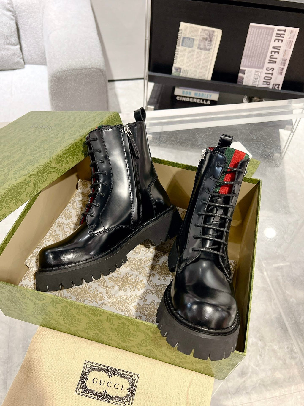 GG WEB ANKLE BOOTS IN BLACK CALFSKIN