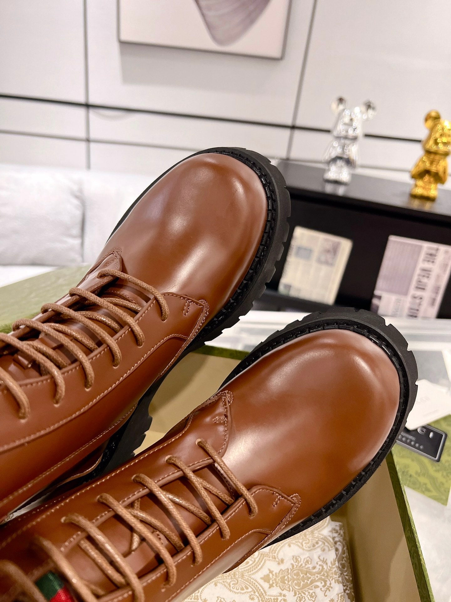 GG WEB ANKLE BOOTS IN CINNAMON BROWN CALFSKIN