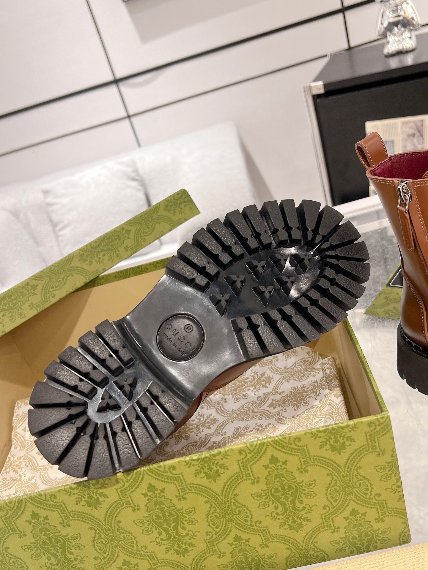 GG WEB ANKLE BOOTS IN CINNAMON BROWN CALFSKIN