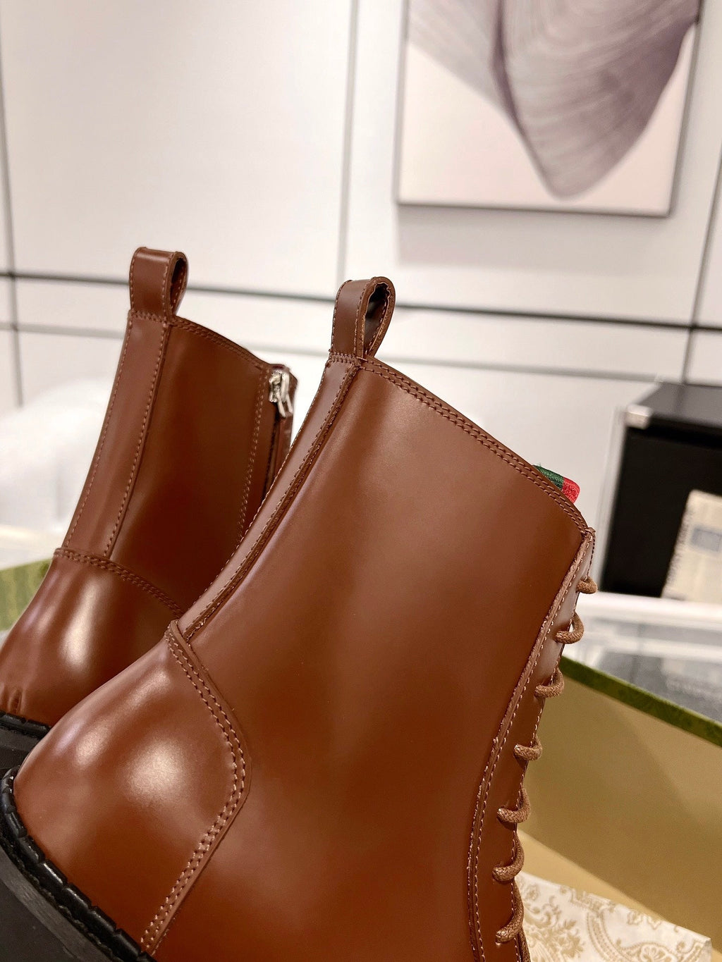 GG WEB ANKLE BOOTS IN CINNAMON BROWN CALFSKIN