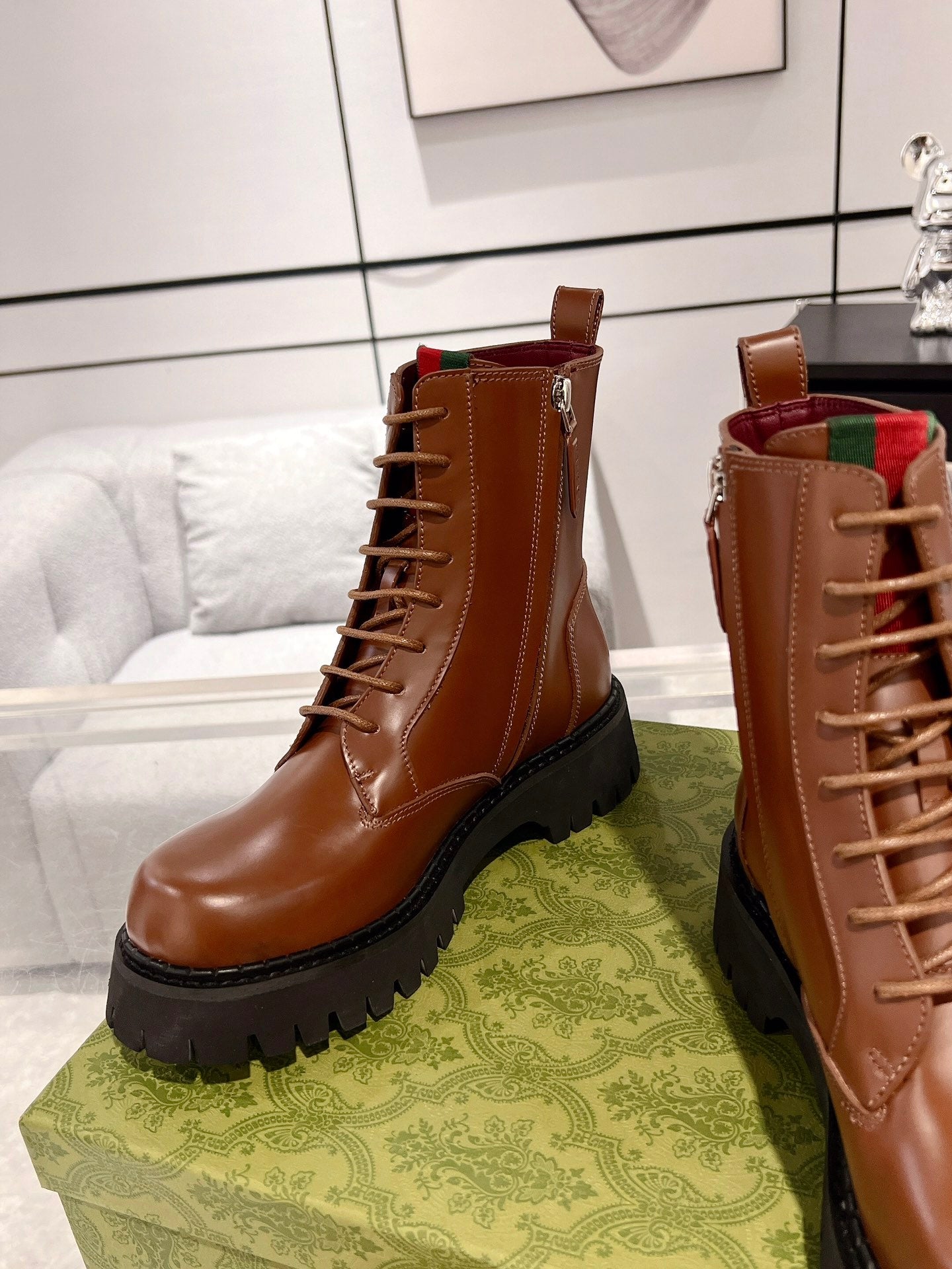 GG WEB ANKLE BOOTS IN CINNAMON BROWN CALFSKIN