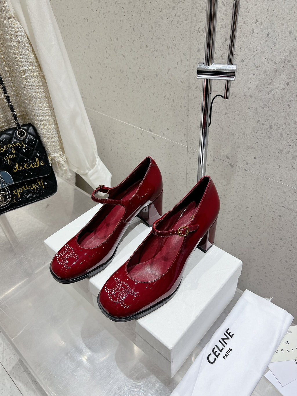 HIGH MARY JANE SHOES IN GARNET RED PATENT CALFSKIN
