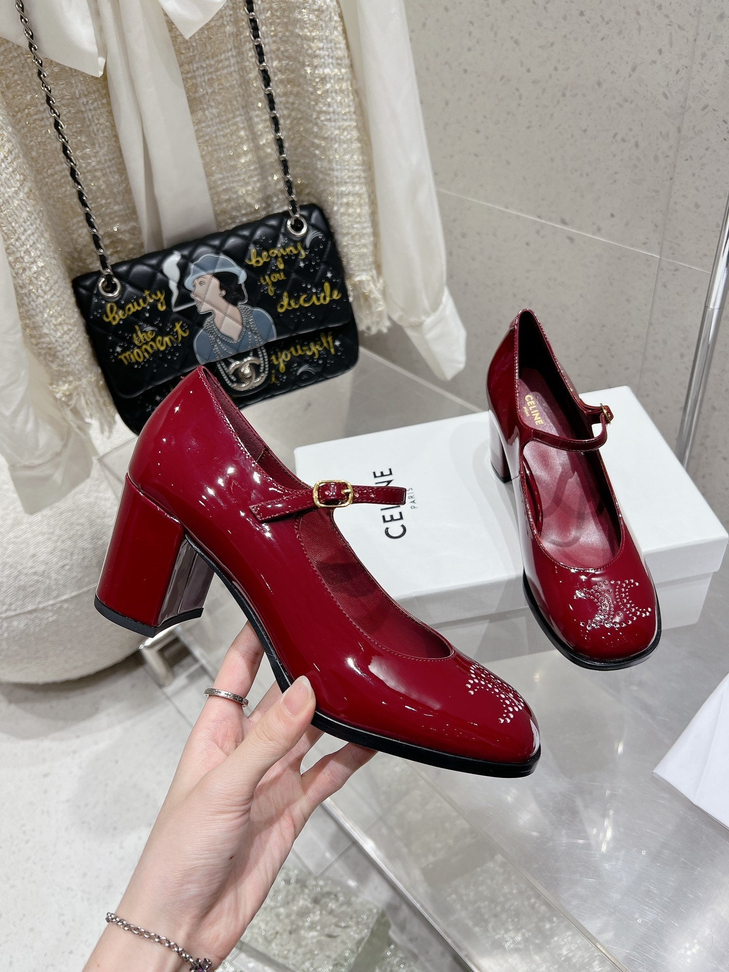 HIGH MARY JANE SHOES IN GARNET RED PATENT CALFSKIN