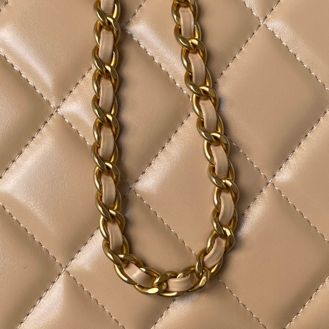 CHANEL 25S MINI FLAP BAG 22 IN TAN BROWN CALFSKIN GOLD HARDWARE