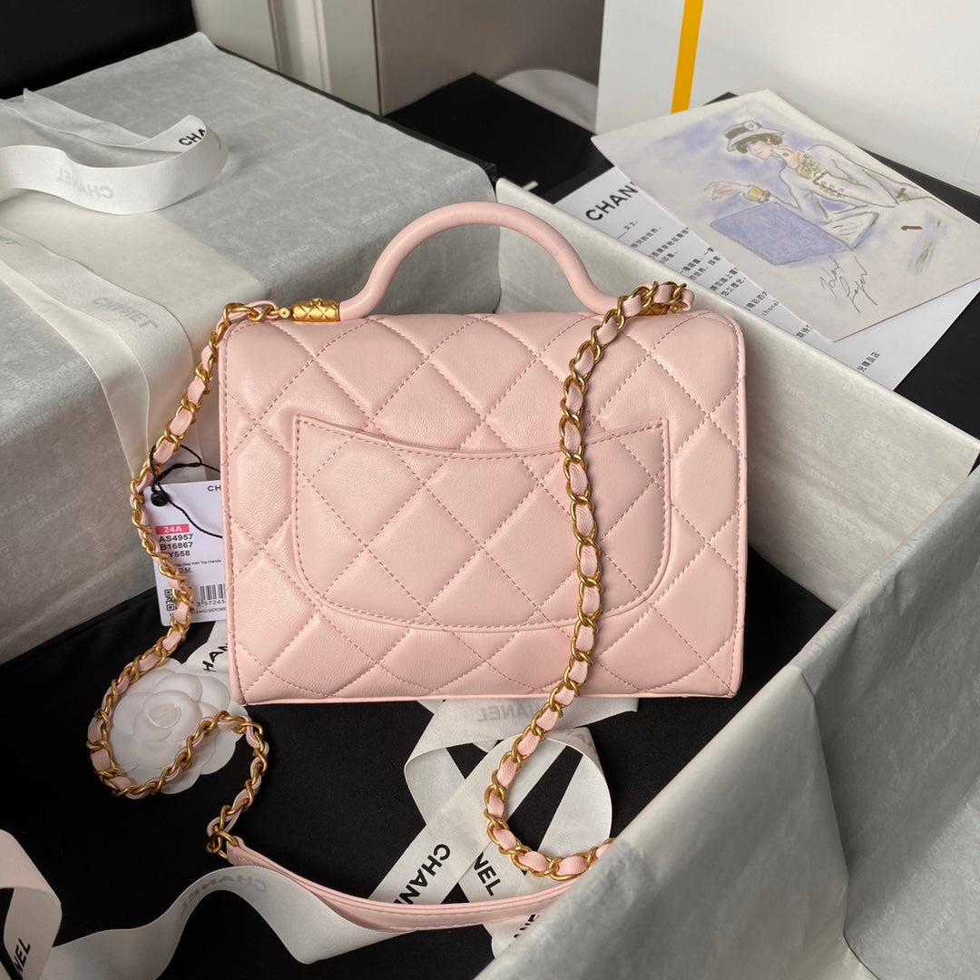 CHANEL 25S FLAP BAG 21 CM IN LIGHT PINK LAMBSKIN WITH TOP HANDLE
