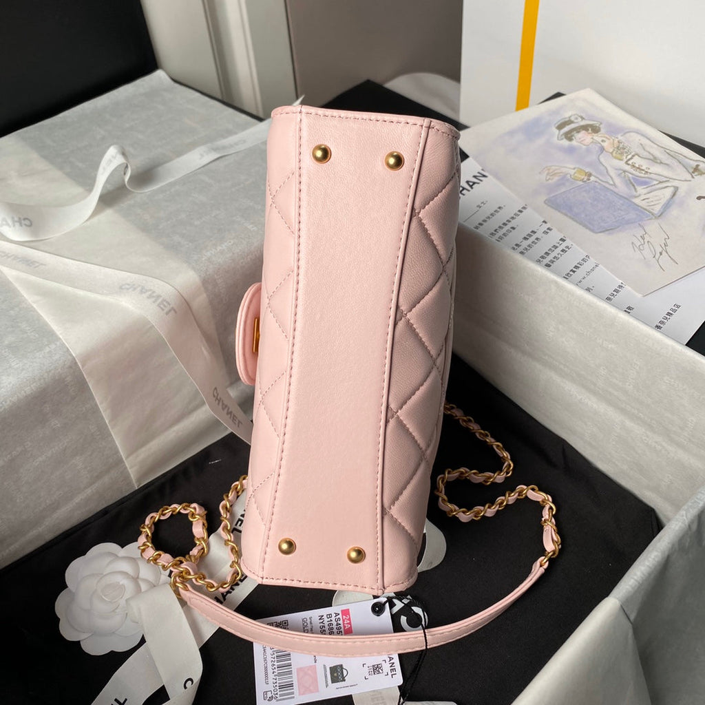 CHANEL 25S FLAP BAG 21 CM IN LIGHT PINK LAMBSKIN WITH TOP HANDLE