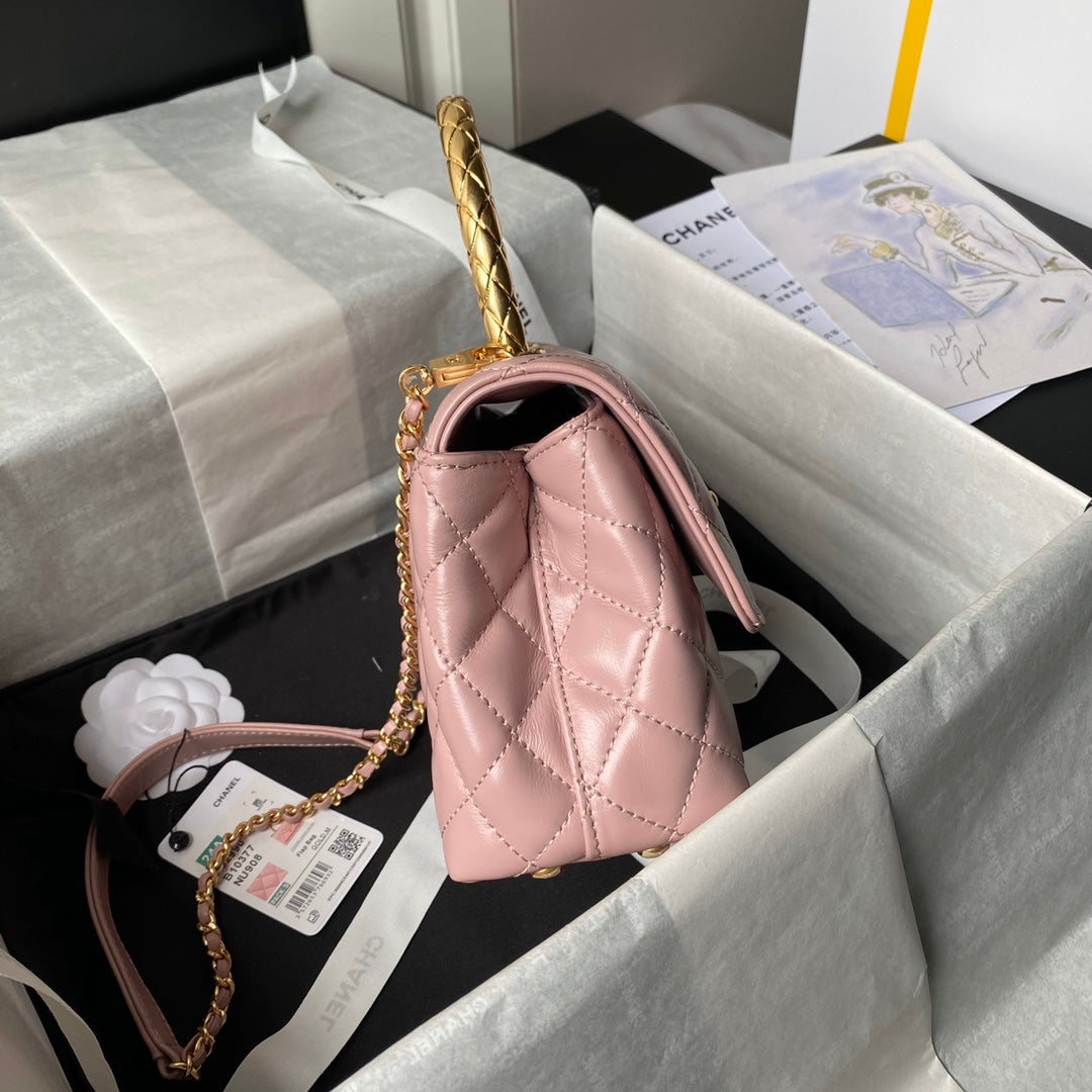 CHANEL 25S CLASSIC COCO HANDLE BAG 23 CM IN LIGHT PINK LAMBSKIN WITH GOLD HARDWARE