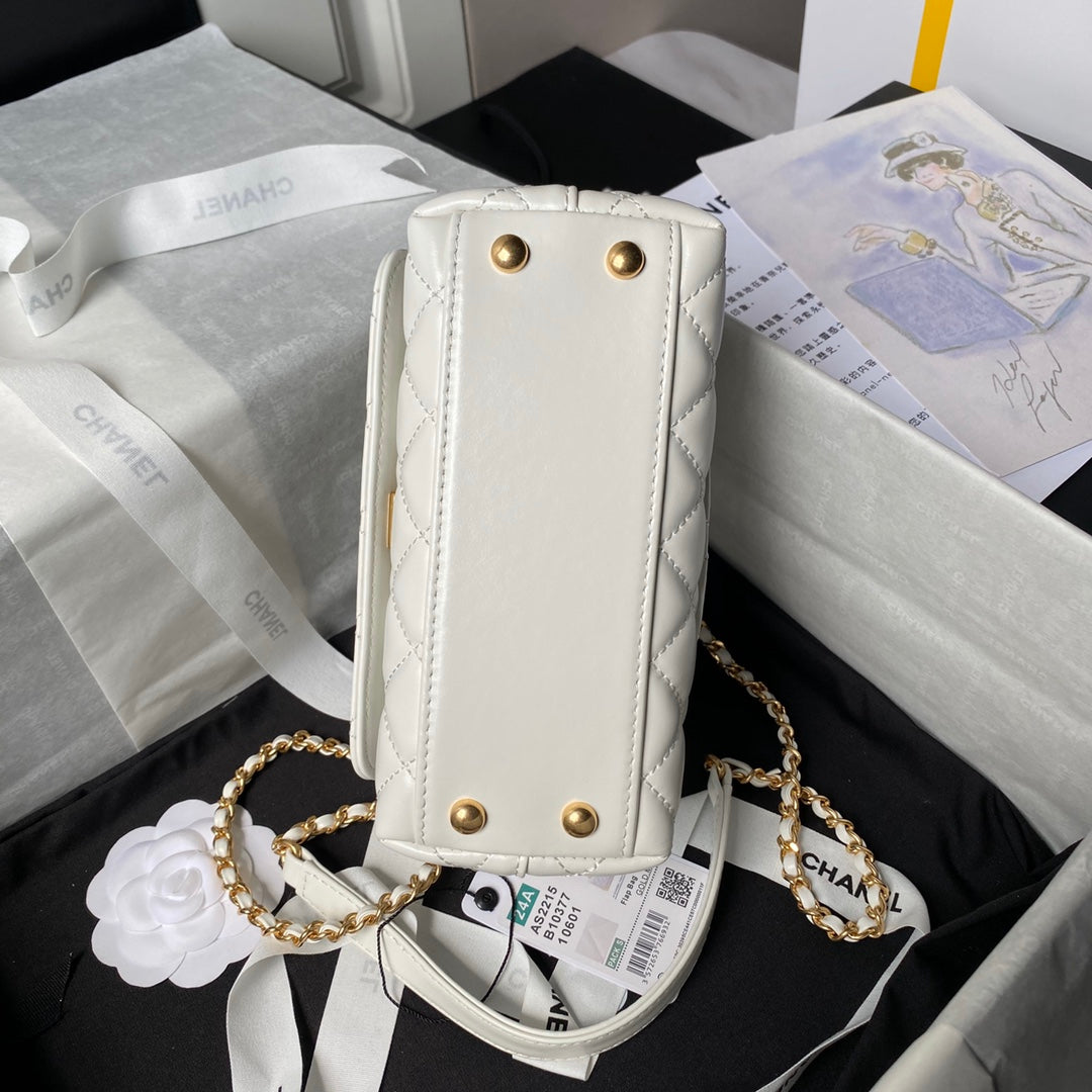 CHANEL 25S CLASSIC COCO HANDLE BAG 19 CM IN WHITE LAMBSKIN WITH GOLD HARDWARE