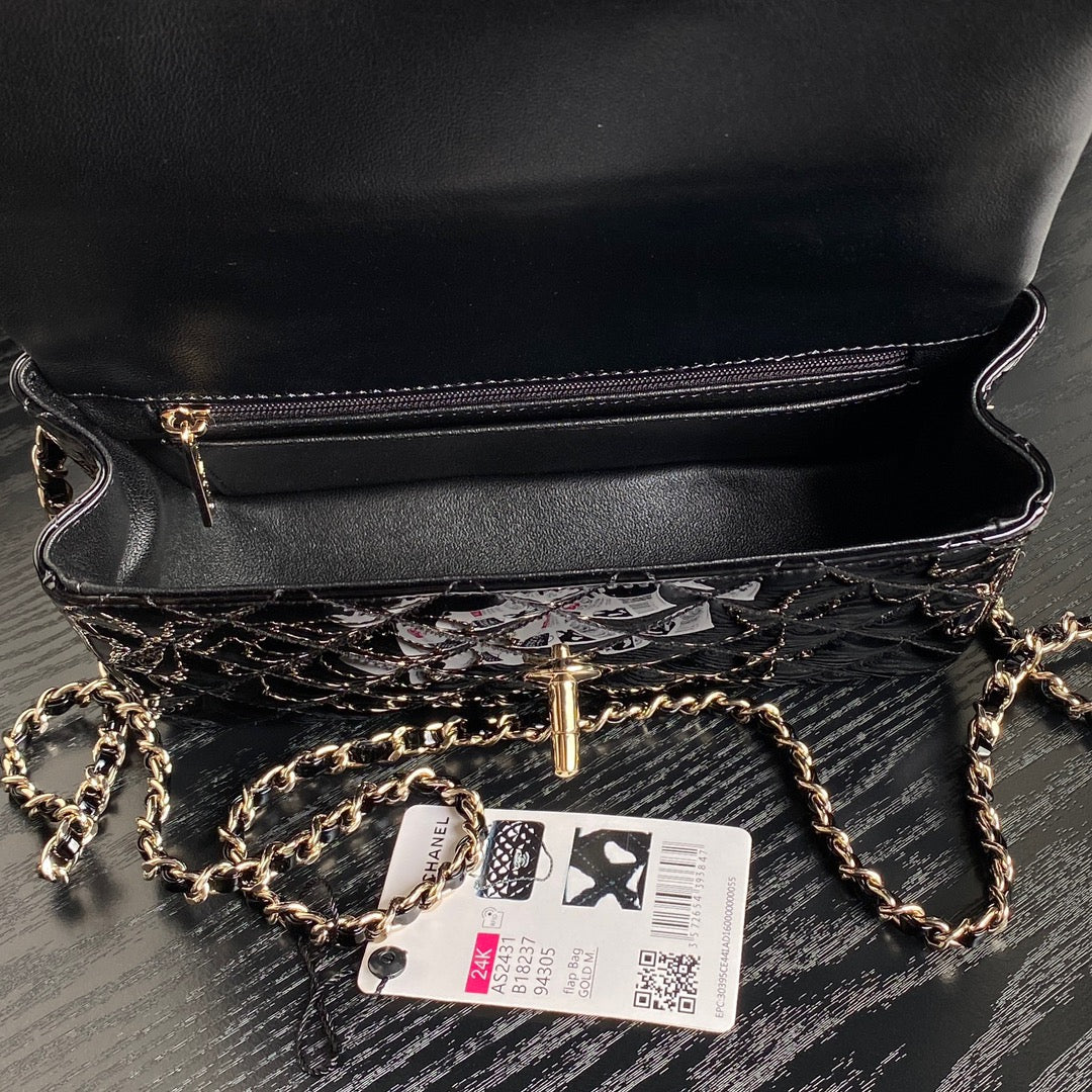 CHANEL 25S MINI FLAP BAG 20 IN BLACK PATENT CALFSKIN GOLD HARDWARE