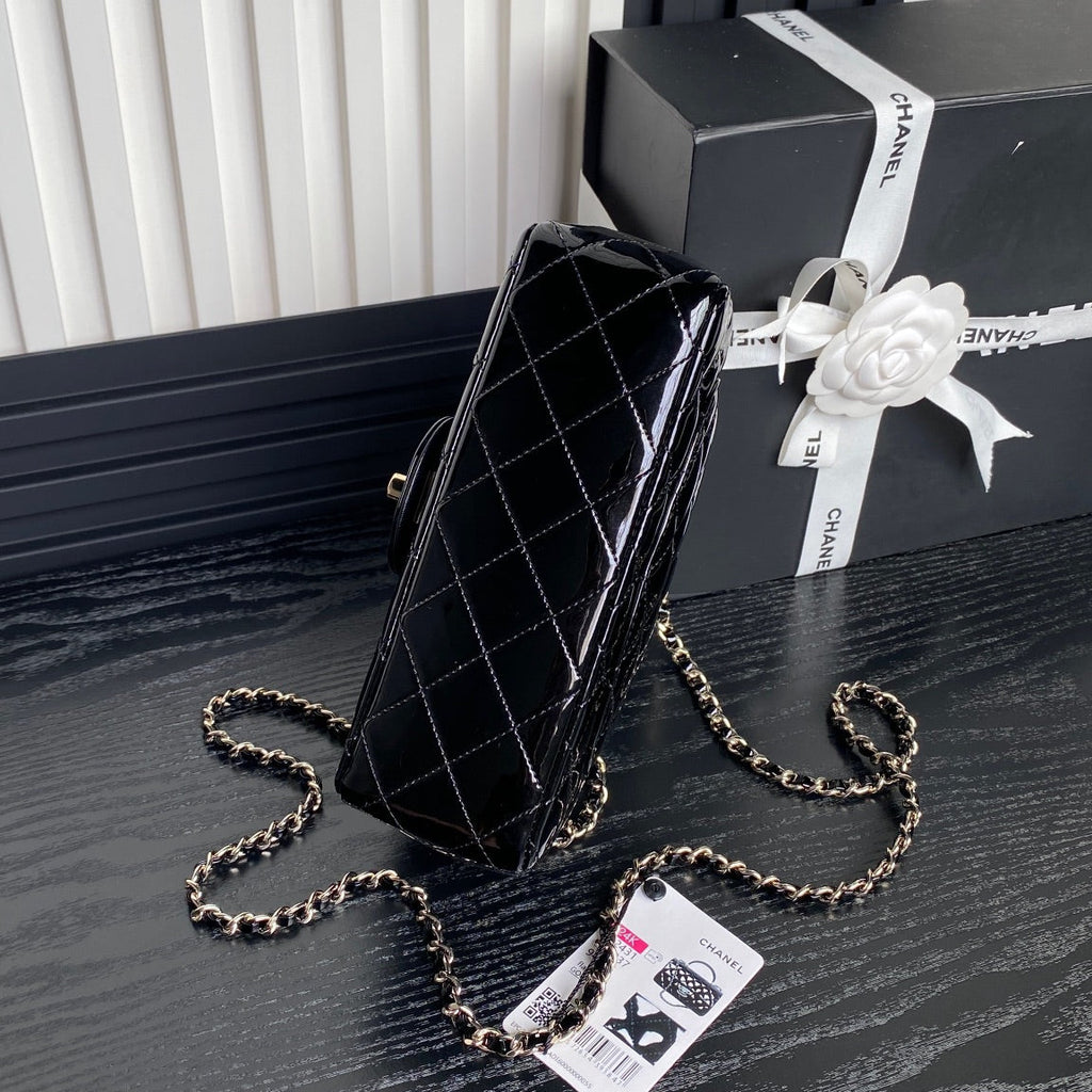 CHANEL 25S MINI FLAP BAG 20 IN BLACK PATENT CALFSKIN GOLD HARDWARE