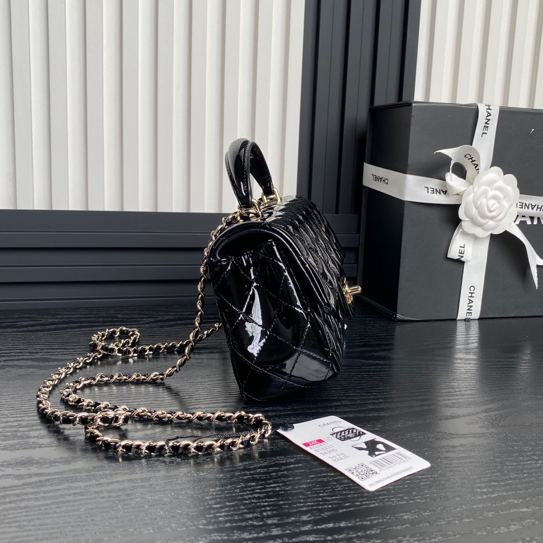 CHANEL 25S MINI FLAP BAG 20 IN BLACK PATENT CALFSKIN GOLD HARDWARE