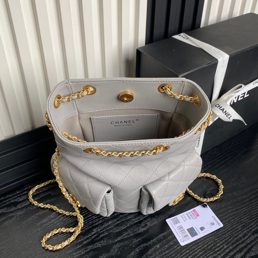 CRUISE DRAWSTRING BACKPACK 24 IN GREY LAMBSKIN GOLD-TONE METALLIC