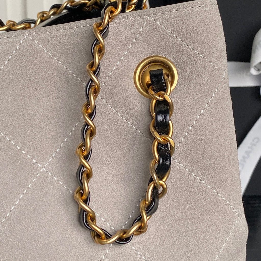 CHANEL 25S HOBO BAG 36 IN GREY SUEDE AND BLACK CALFSKIN WITH GOLD HARDWARE
