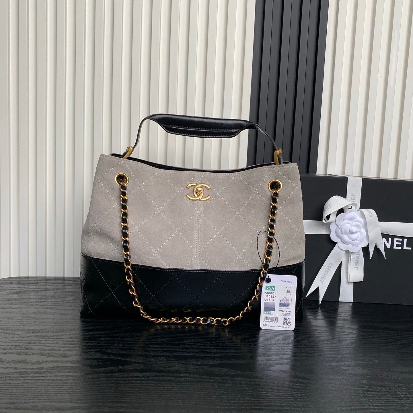 CHANEL 25S HOBO BAG 36 IN GREY SUEDE AND BLACK CALFSKIN WITH GOLD HARDWARE