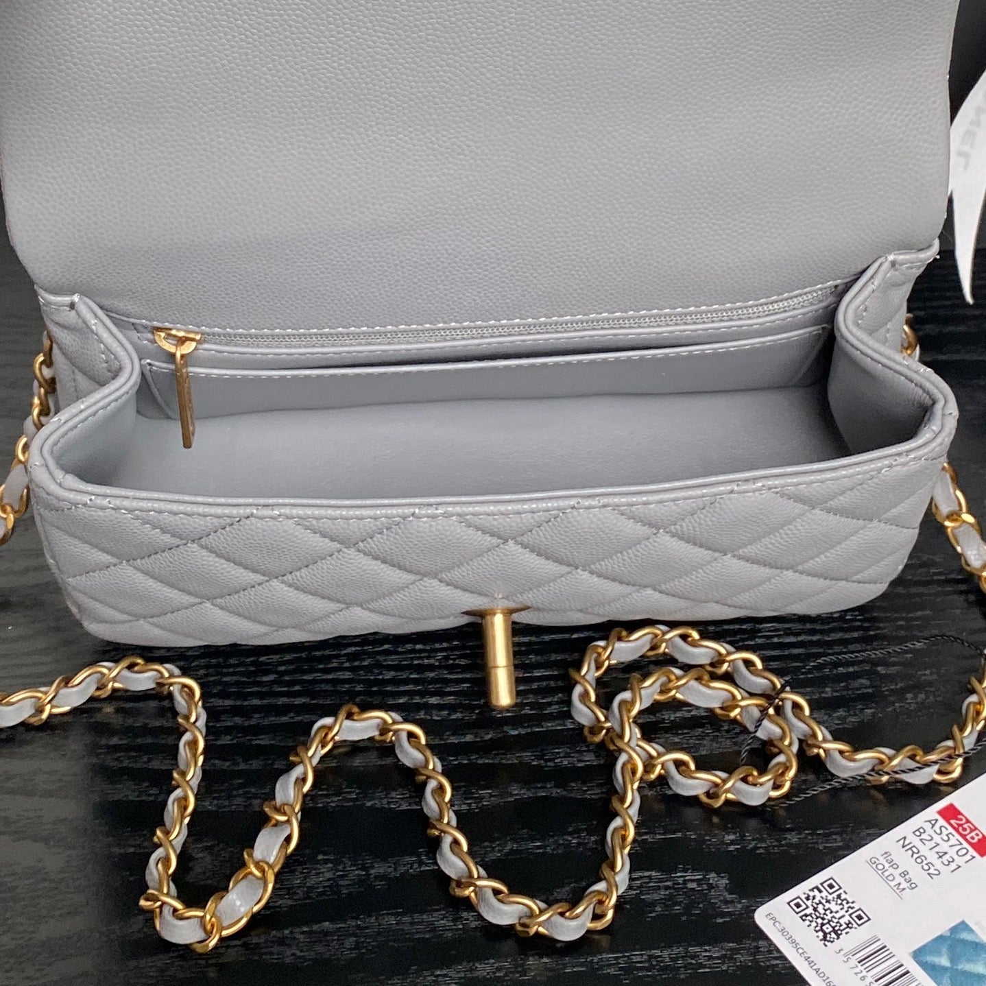 CHANEL 25S FLAP BAG 19 IN CHARCOAL GRAY CALFSKIN GOLD HARDWARE