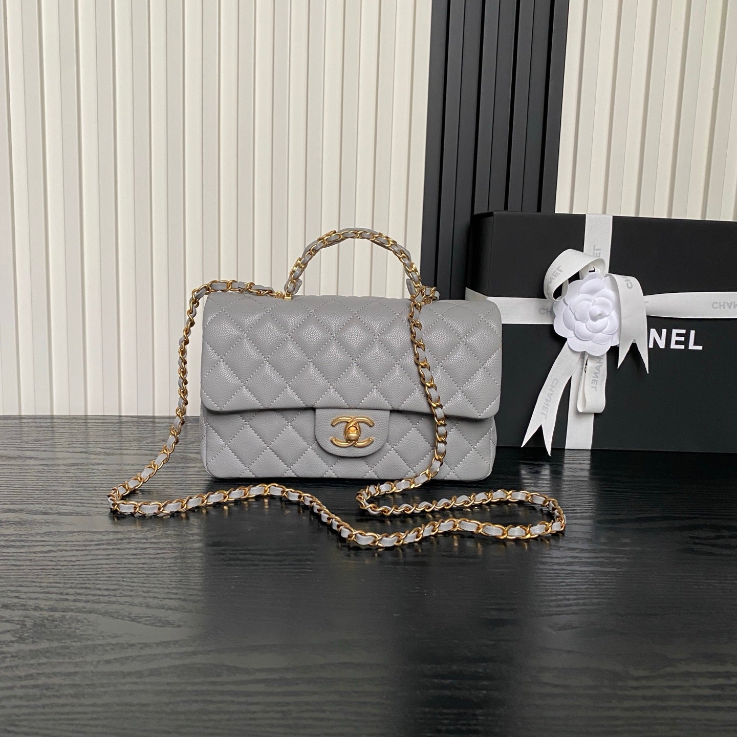 CHANEL 25S FLAP BAG 22 IN CHARCOAL GRAY CALFSKIN GOLD HARDWARE