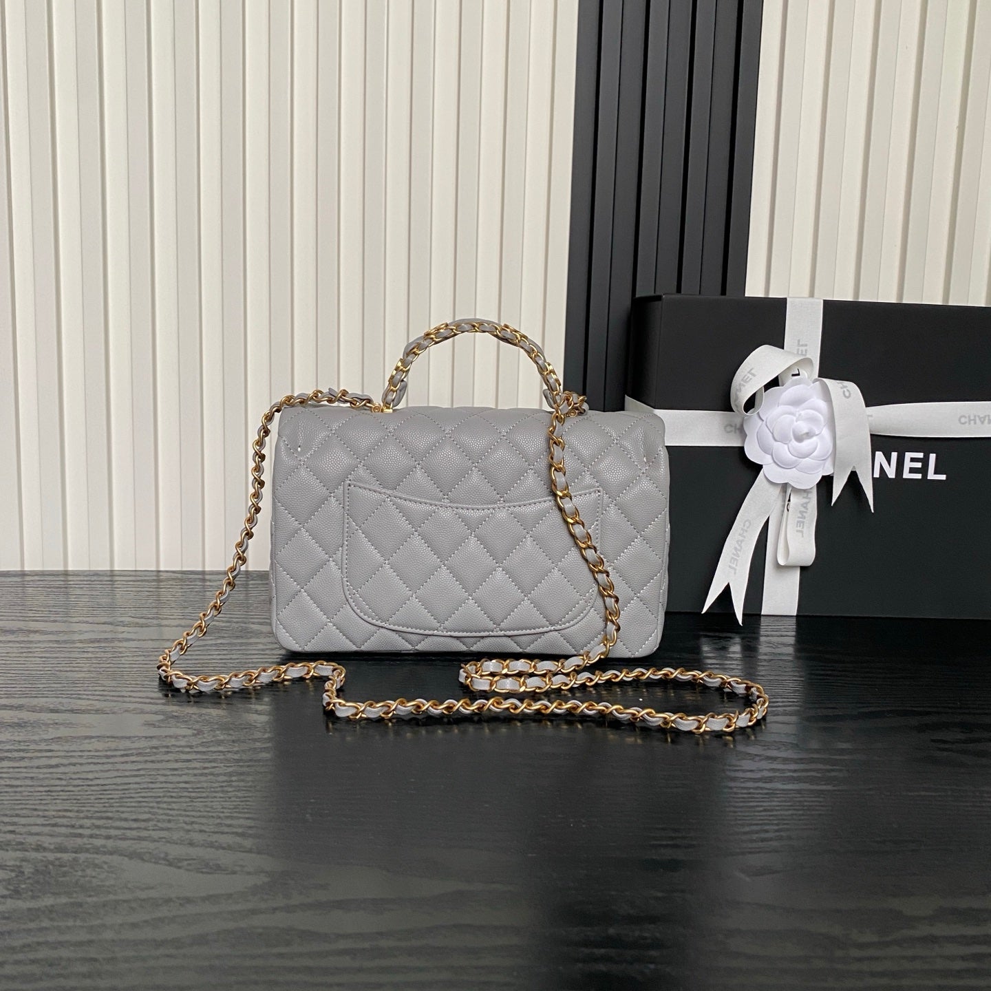CHANEL 25S FLAP BAG 22 IN CHARCOAL GRAY CALFSKIN GOLD HARDWARE
