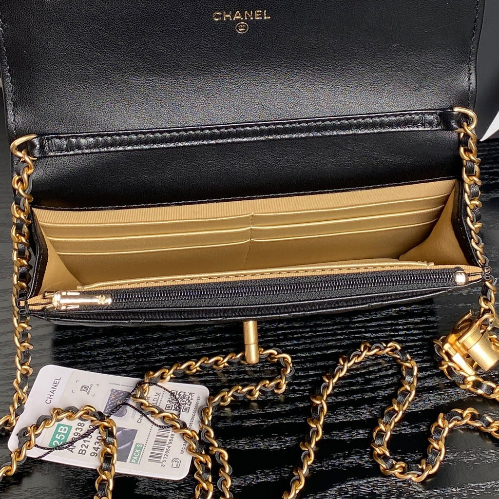 CHANEL 25S CHAIN WALLET 19 IN BLACK LAMBSKIN GOLD HARDWARE
