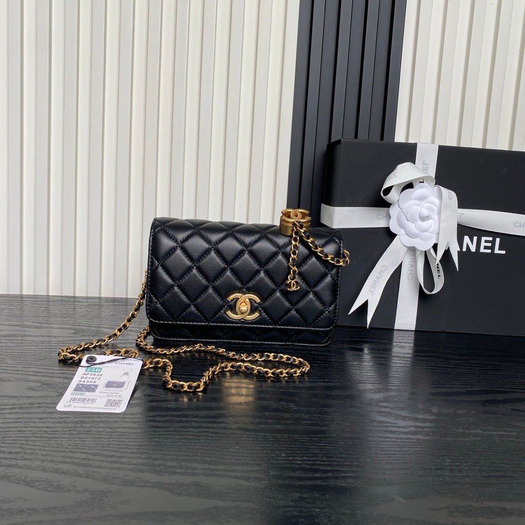 CHANEL 25S CHAIN WALLET 19 IN BLACK LAMBSKIN GOLD HARDWARE