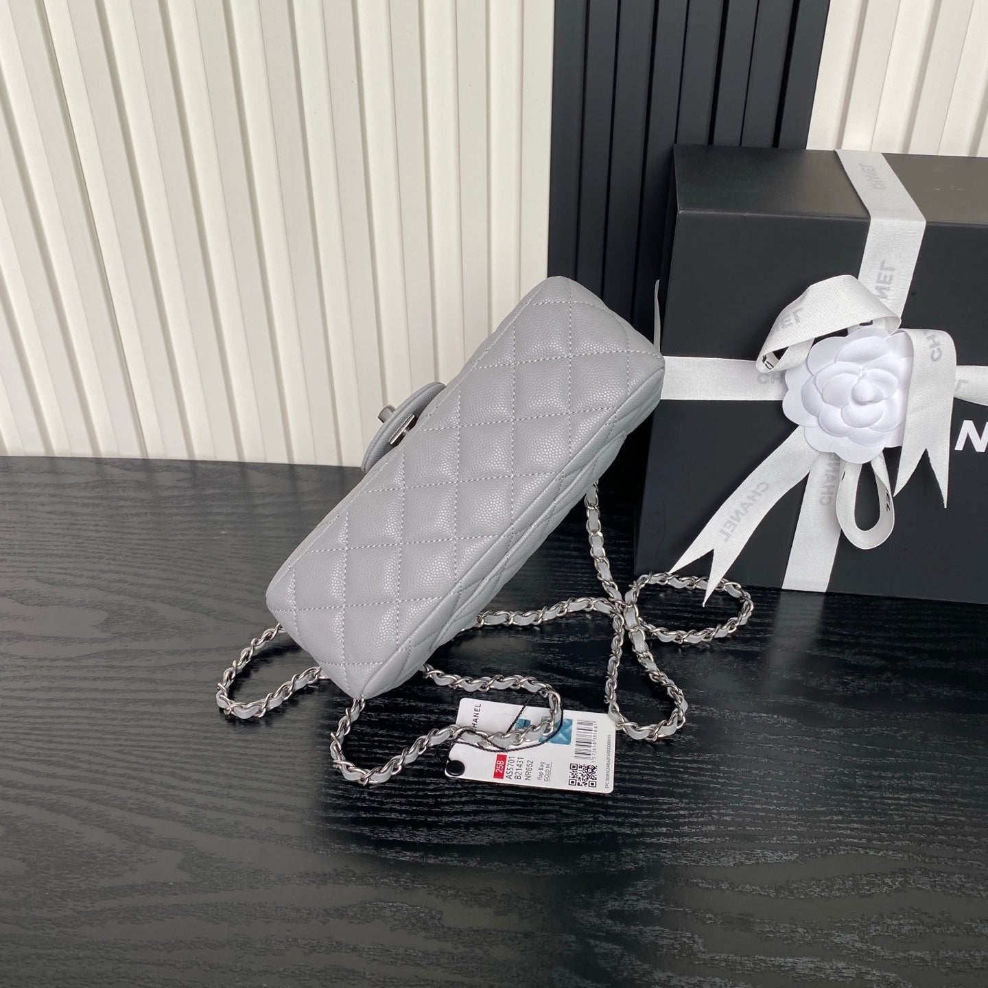 CHANEL 25S FLAP BAG 19 IN CHARCOAL GRAY CALFSKIN SILVER HARDWARE