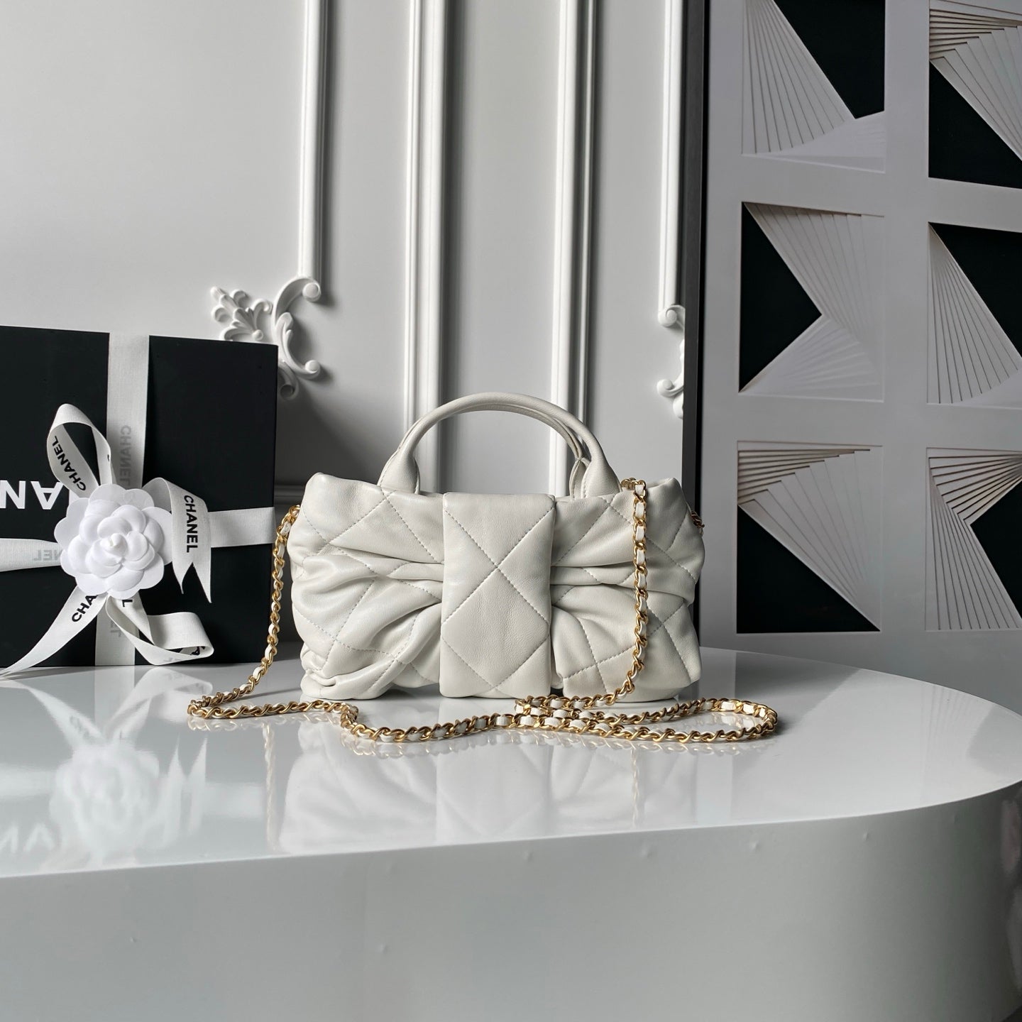 CHANEL 25S MINI BOW BAG 26 IN CREAM WHITE LAMBSKIN WITH GOLD HARDWARE