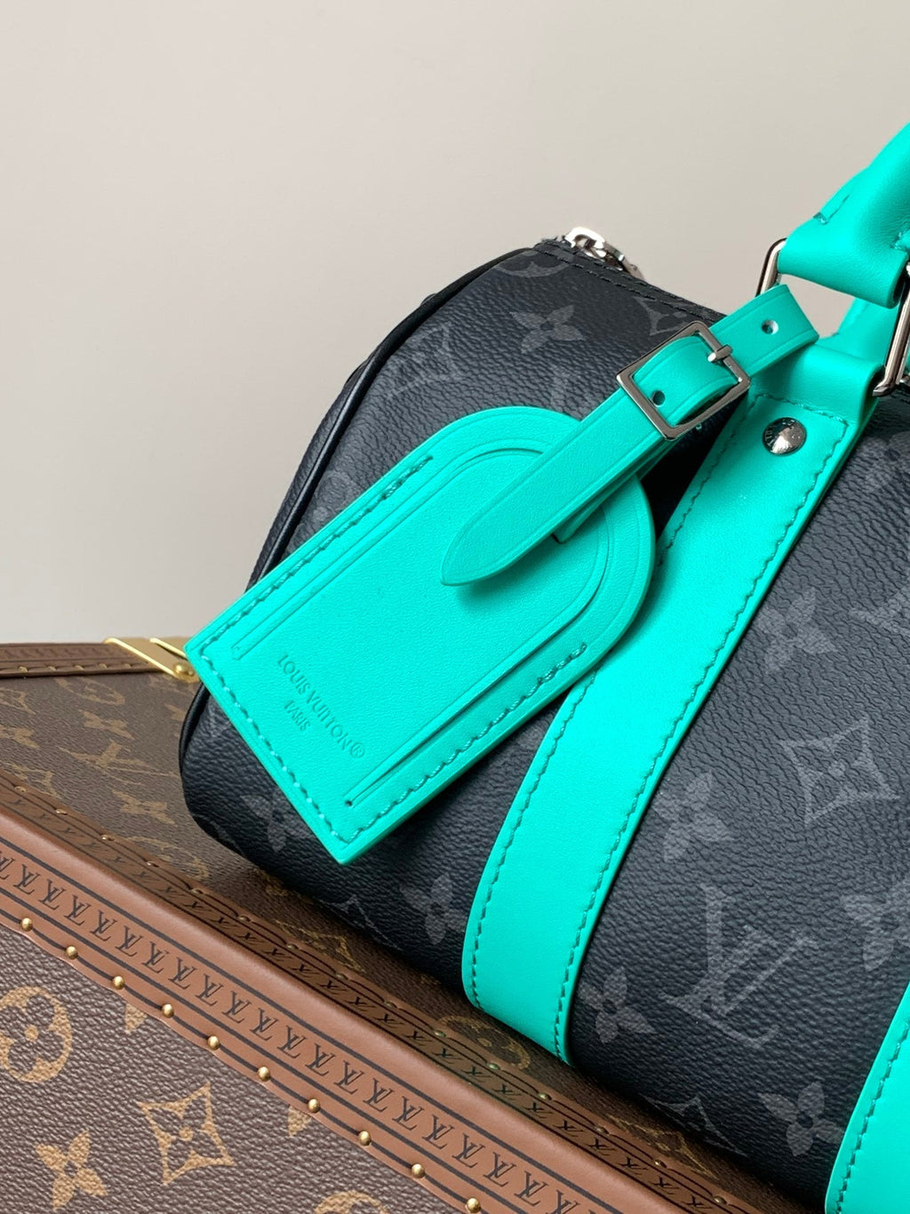 LV 25S KEEPALL 25 WITH SHOULDER STRAP IN BLACK AQUA COATED MONOGRAM ECLIPSE CANVAS AND CALFSKIN