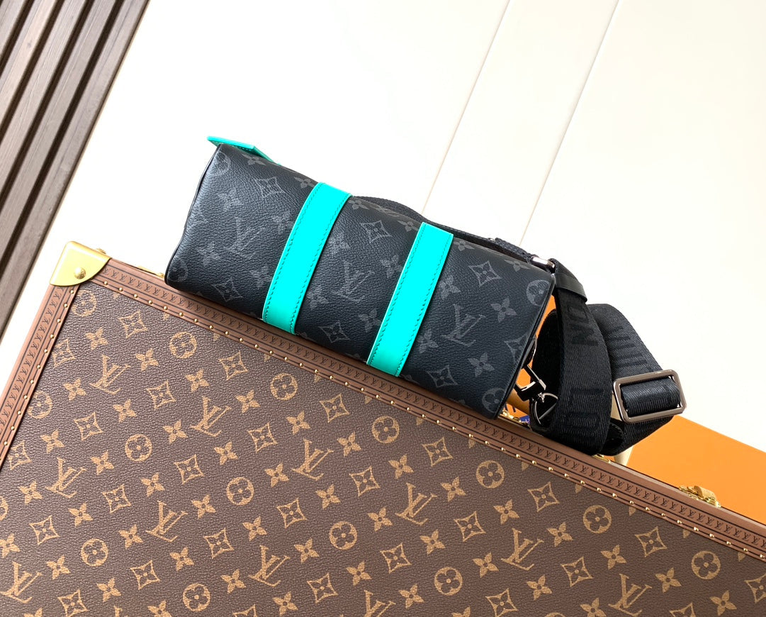 LV 25S KEEPALL 25 WITH SHOULDER STRAP IN BLACK AQUA COATED MONOGRAM ECLIPSE CANVAS AND CALFSKIN