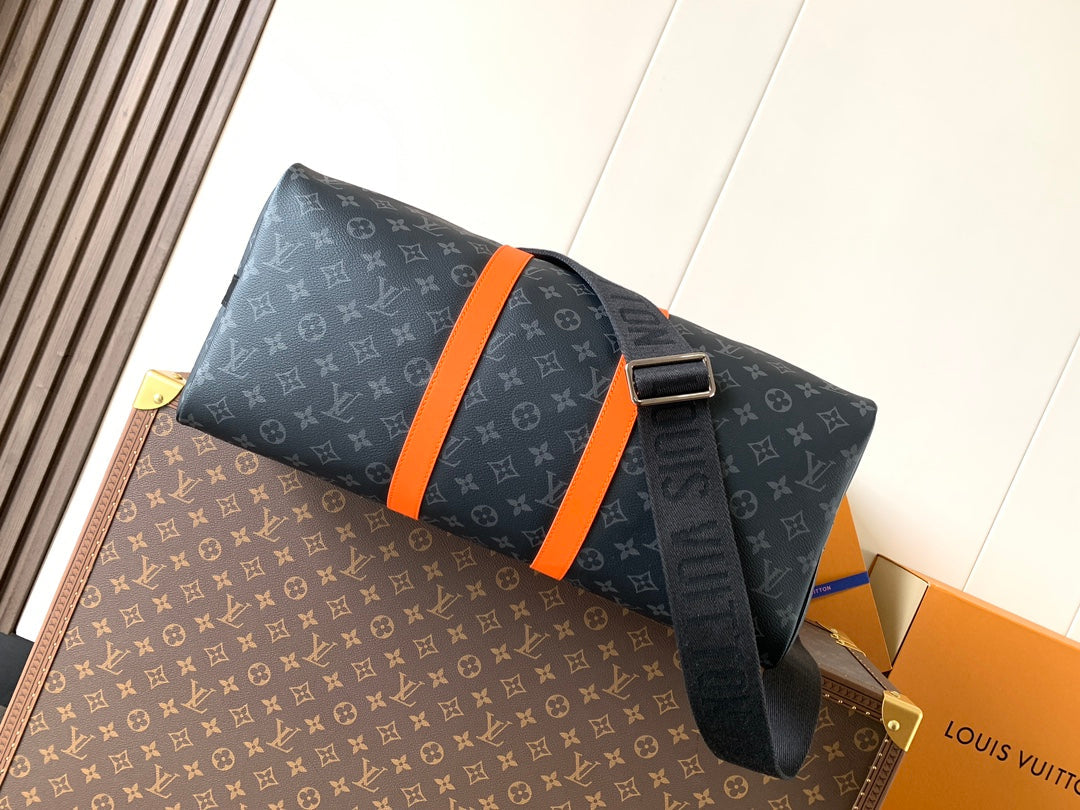 LV 25S KEEPALL 45 WITH SHOULDER STRAP IN BLACK ORANGE COATED MONOGRAM ECLIPSE CANVAS AND CALFSKIN
