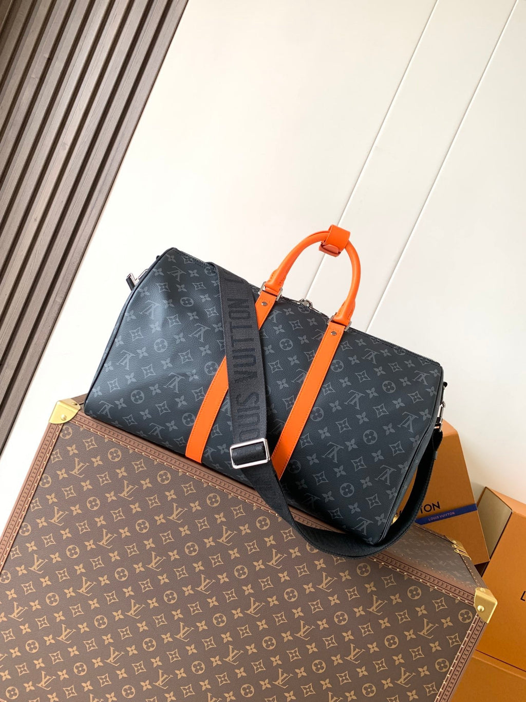 LV 25S KEEPALL 45 WITH SHOULDER STRAP IN BLACK ORANGE COATED MONOGRAM ECLIPSE CANVAS AND CALFSKIN